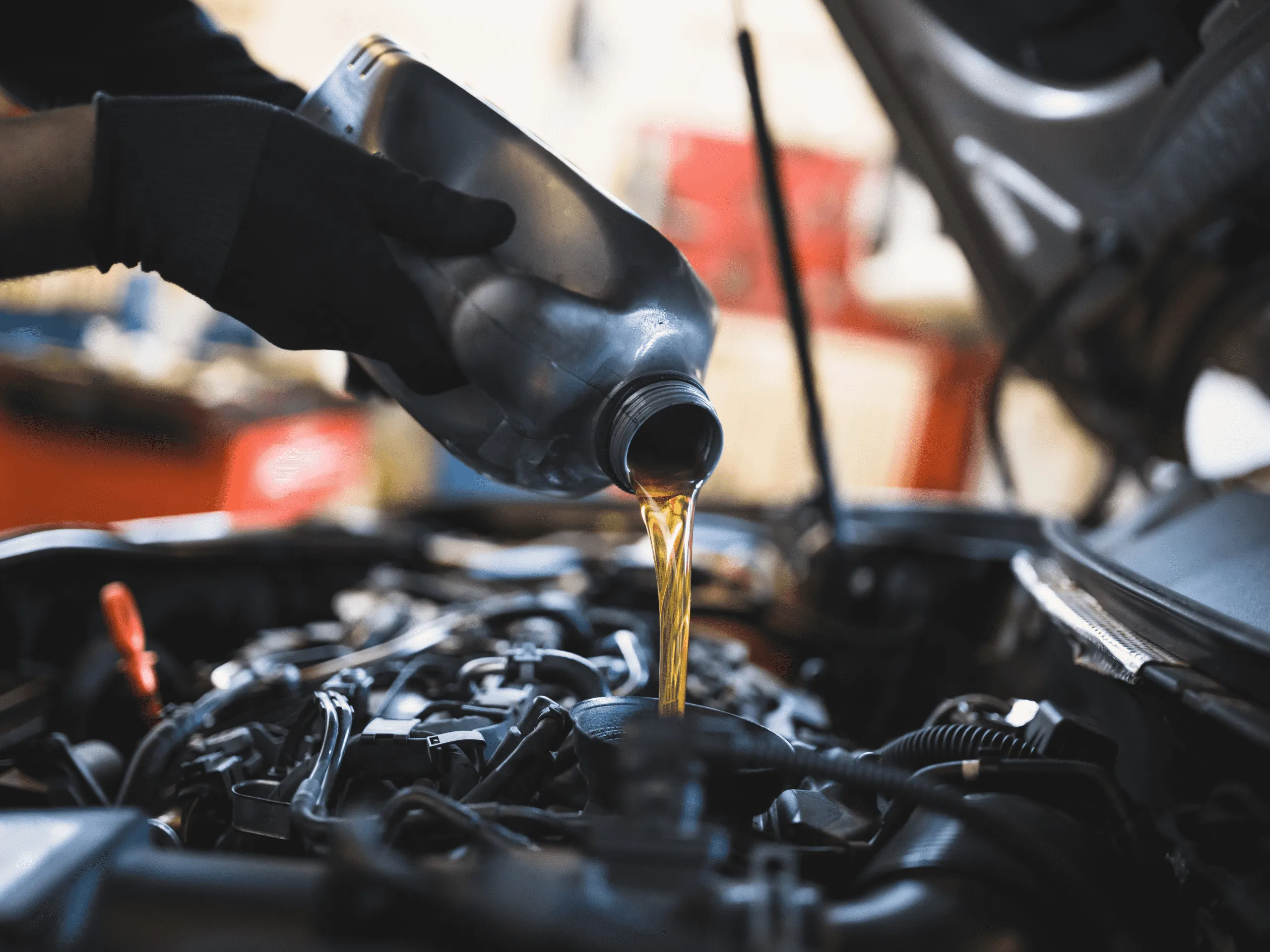 Car engine oil being poured into engine
