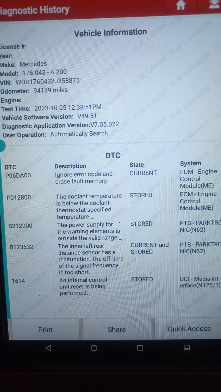 Diagnostic Fault Codes_Mercedes Benz A200 Fixxr Mobile Mechanics